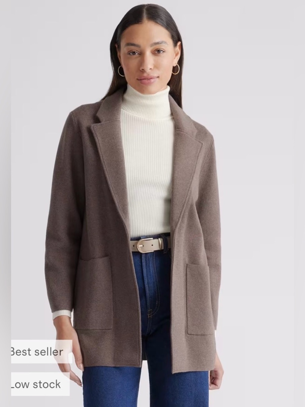 Quince Organic Cotton Knit Blazer Brown Open Front Jacket Women S